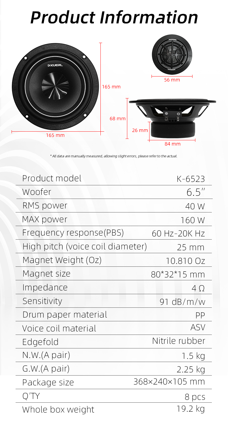 TOP Kuerl PP Cone Material RMS - Car Audio Component Speaker 6.5 recension och pris